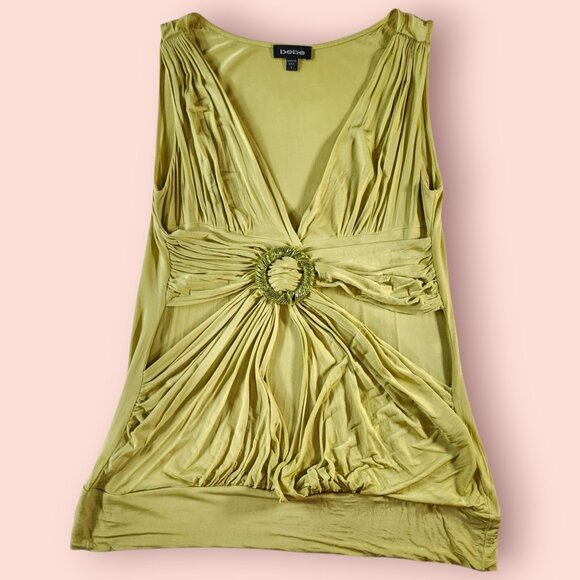 Y2K VTG bebe sleevless ruched draped green top size L baddie 2000s mcbling - Picture 3 of 9